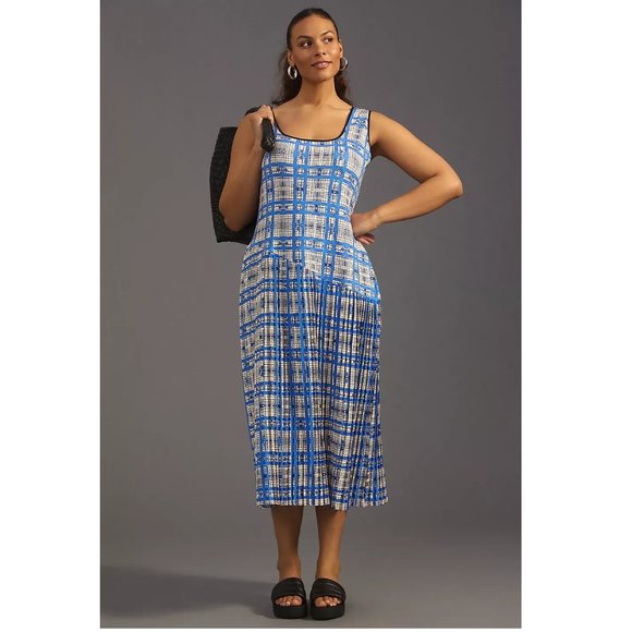๐ Anthropologie Dhruv Kapoor Plaid Mesh Midi Dress - Blue White Plaid XL - Picture 2 of 15